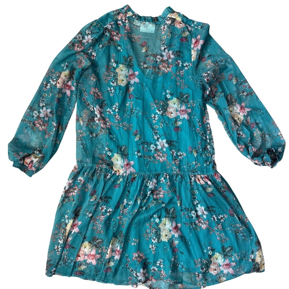 Anthropologie Maeve Emmy Floral Tunic Long Sleeve Sheer Dress Teal Size Small - Picture 12 of 12